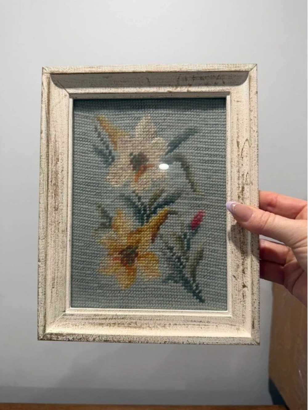 Vintage Lily Floral Needlepoint Wall Art White Wood Frame